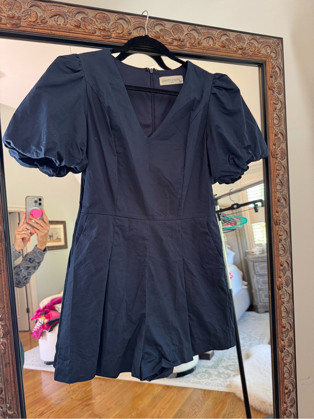 Pants Store Navy Puff-Sleeve Romper Jumpsuit